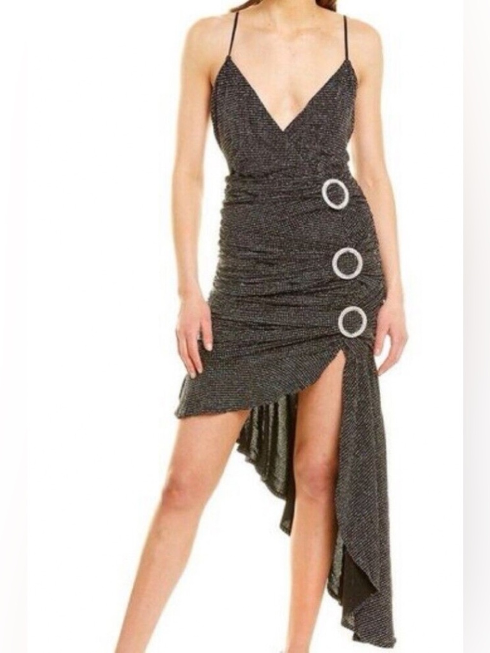 For Love & Lemons Margaux Glitter Dress in Metallic Black Asymmetric - Picture 4 of 11